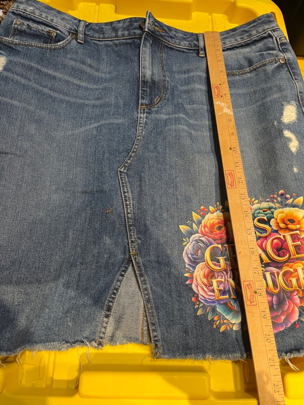LOFT Blue Denim Skirt with Floral Graphic
